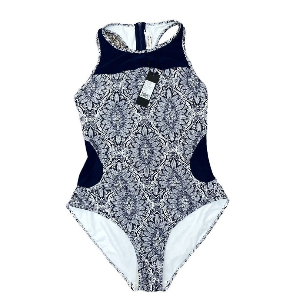 NWT 2 Chillies Size L Nomad Racer Back One Piece Swimsuit Navy Mesh Sides NEW